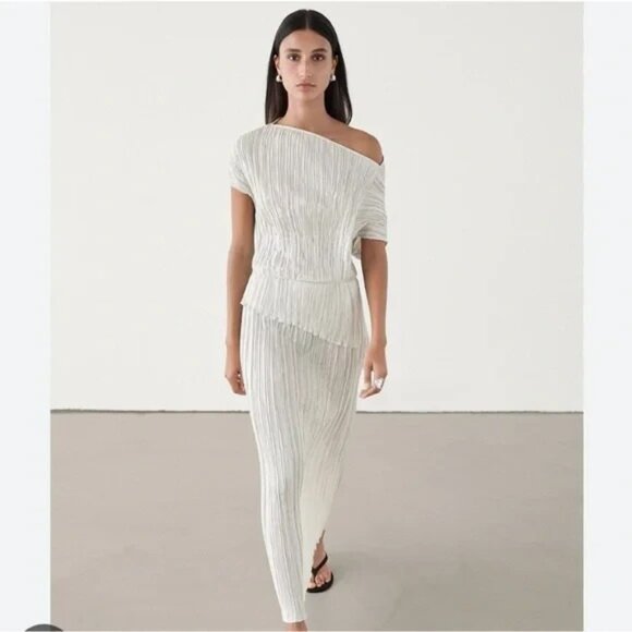 Massimo Dutti Womens Asymmetric Dress XS Pearl Gray Special Edition 6605/300 NWT - Picture 1 of 16